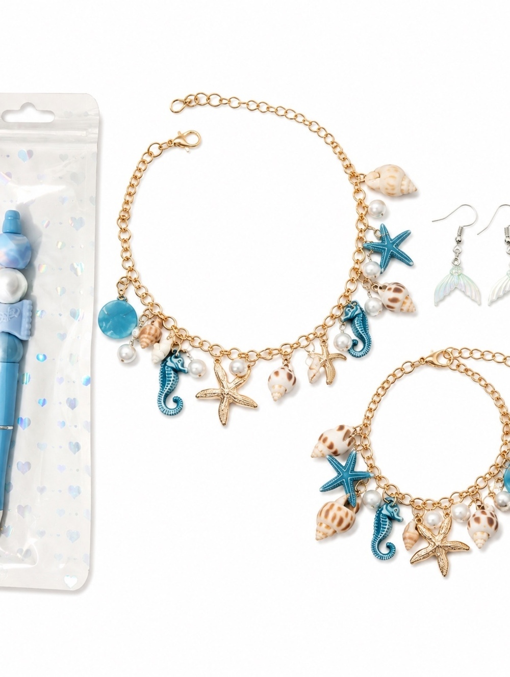 NWOT Coastal Mermaid Jewelry Gift Set Necklace Bracelet Earrings Blue Pen